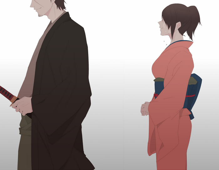 Kondo Isao and Tae Shimura from Gintama with a sword