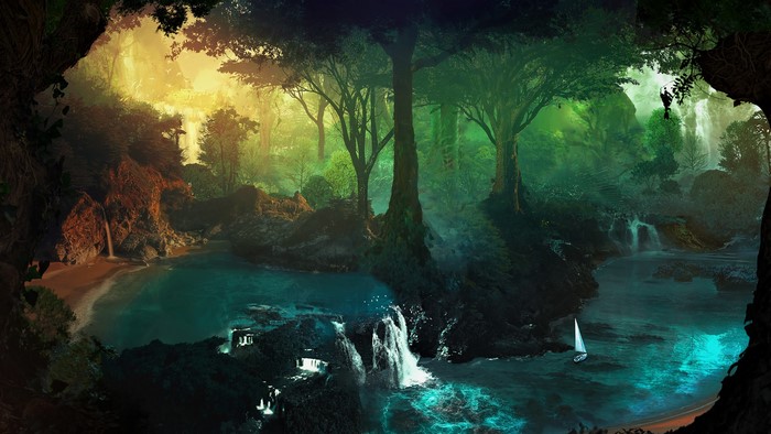 Magical forest with waterfalls and a sailboat