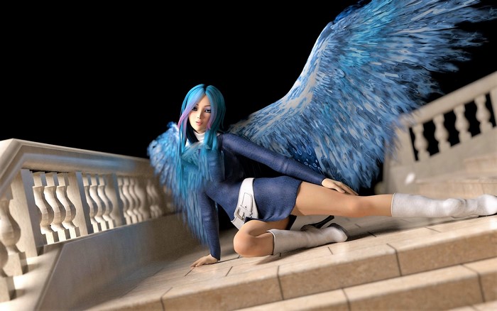 Fantasy angel girl with blue wings and blue hair