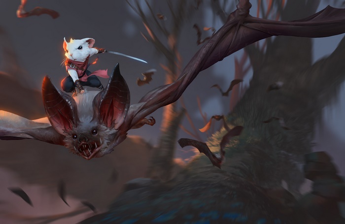 Mouse warrior riding a bat in flight