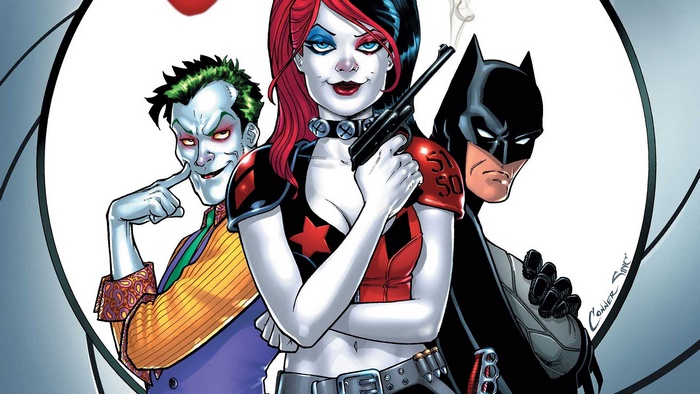 Harley Quinn, Joker, and Batman from DC Comics