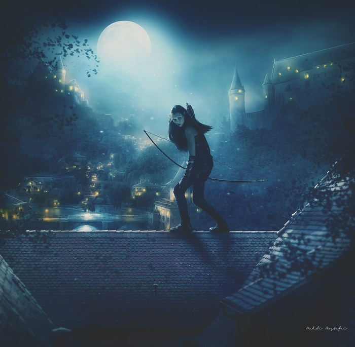 Archer girl on a rooftop at night with a castle in the background