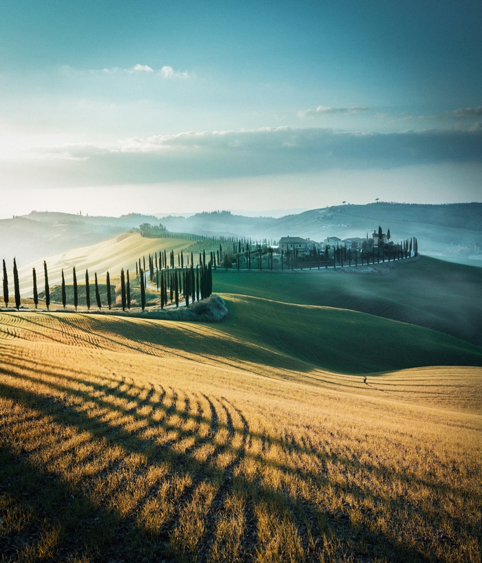 Tuscan landscape with cypress trees and rolling hills