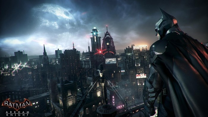 Batman from Batman: Arkham Knight overlooking Gotham City
