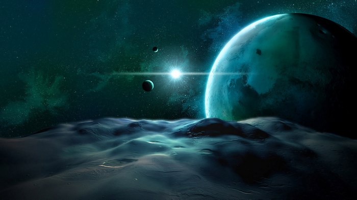 Mystical Blue Planet with Moons in Space