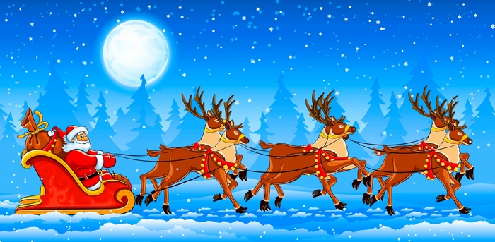 Santa Claus and reindeer sleigh flying in the night sky