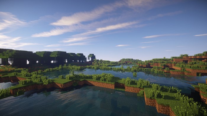 Minecraft landscape with water and trees