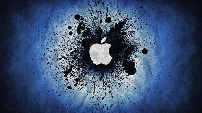 Apple logo with ink splash on blue background