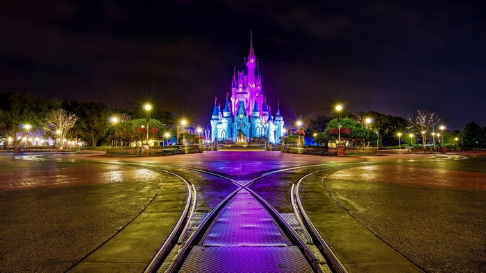 Cinderella Castle at Night with Train Tracks