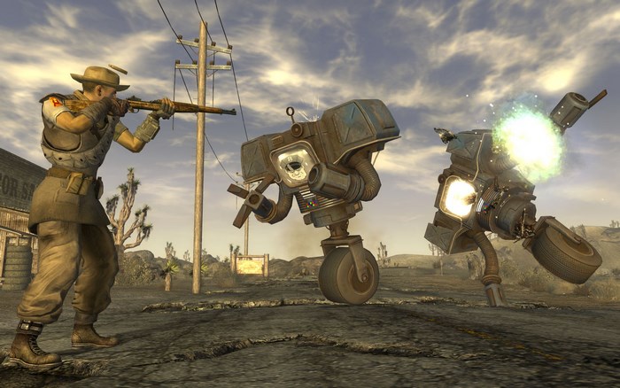 Fallout: New Vegas character fighting robots