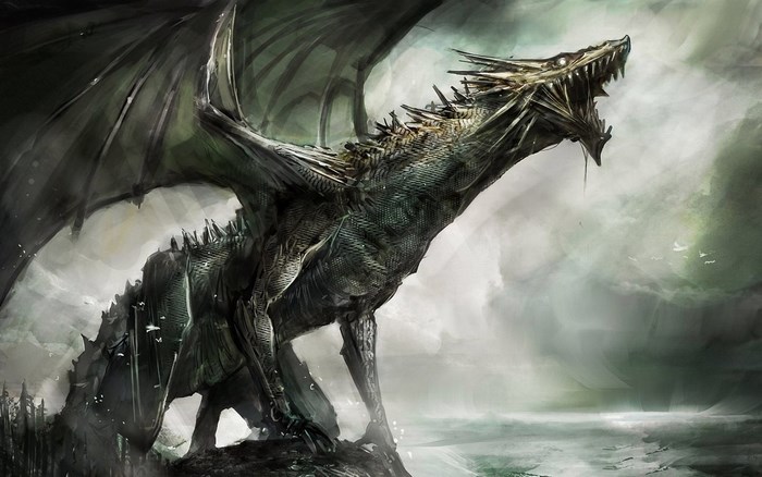 A fearsome dragon with green wings and sharp teeth