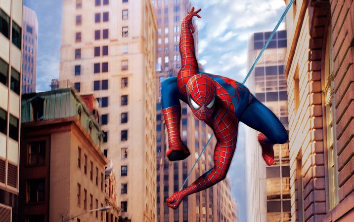 Spider-Man swinging between buildings