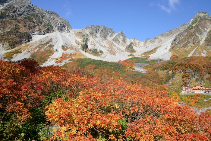 Autumn mountain landscape with colorful foliage and a lodge