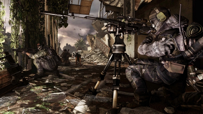 Soldiers in a destroyed urban environment