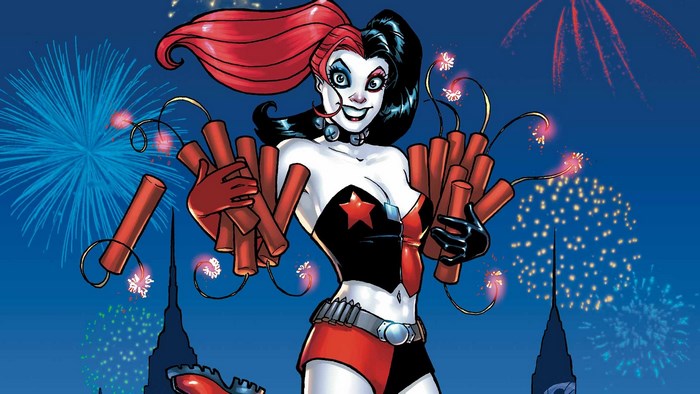 Harley Quinn holding dynamite with fireworks