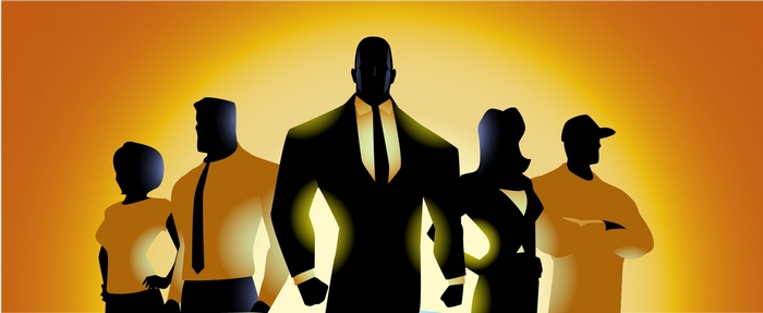 Team of silhouetted professionals against a bright background