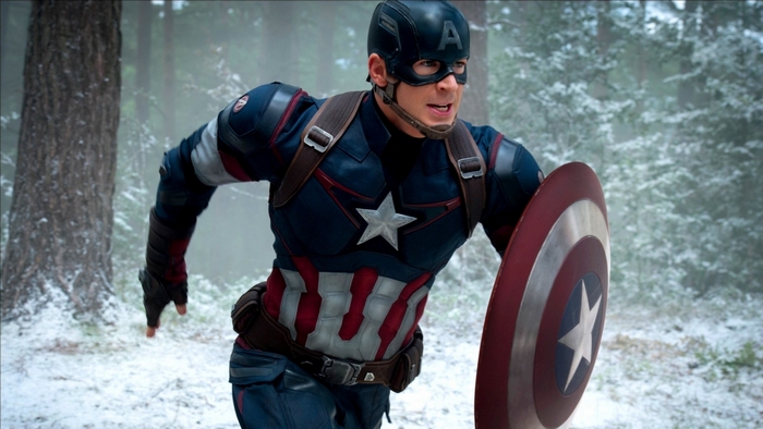 Captain America running in a snowy forest