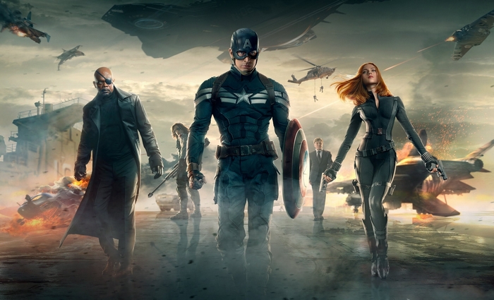 Captain America and allies in a battle scene