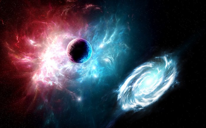 Planet and galaxy in colorful nebula