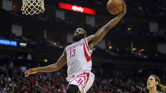 James Harden of the Houston Rockets dunks a basketball