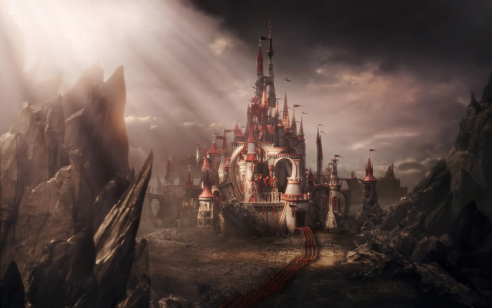 Red and white castle in a rocky, cloudy landscape
