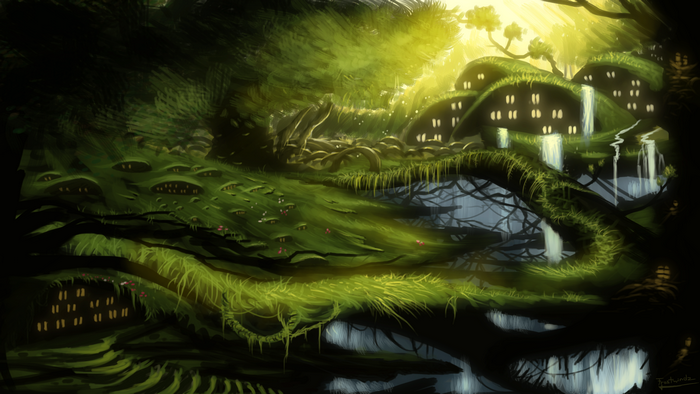 Fantasy forest village with mushroom-like homes and waterfalls