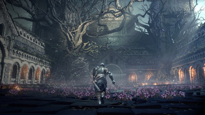 Knight in a dark, overgrown courtyard with purple flowers