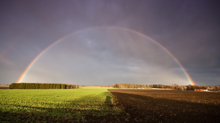 Rainbow over agricultural fields