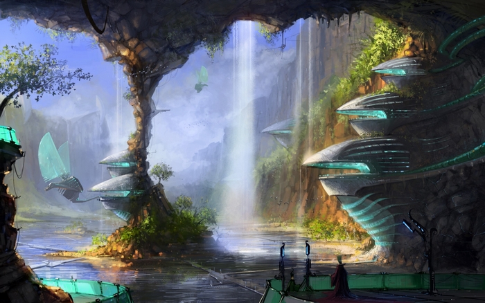 Futuristic cave settlement with waterfalls