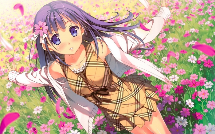 Anime girl with purple hair in a flower field