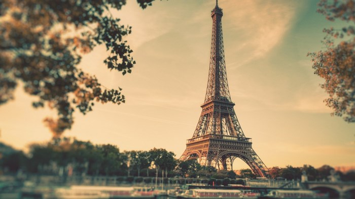 Eiffel Tower Paris River Boats Trees
