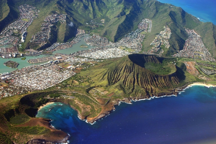 Aerial view of Diamond Head crater and Honolulu coastline, Hawaii