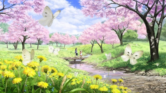 Spring Cherry Blossom Meadow with Butterflies