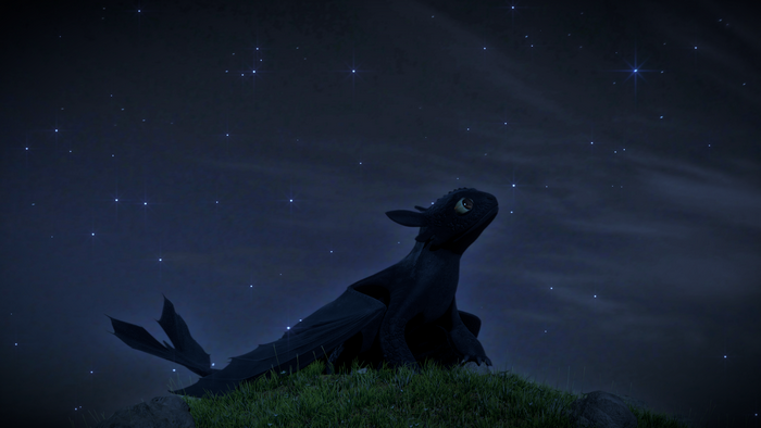 Toothless the dragon under a starry night sky