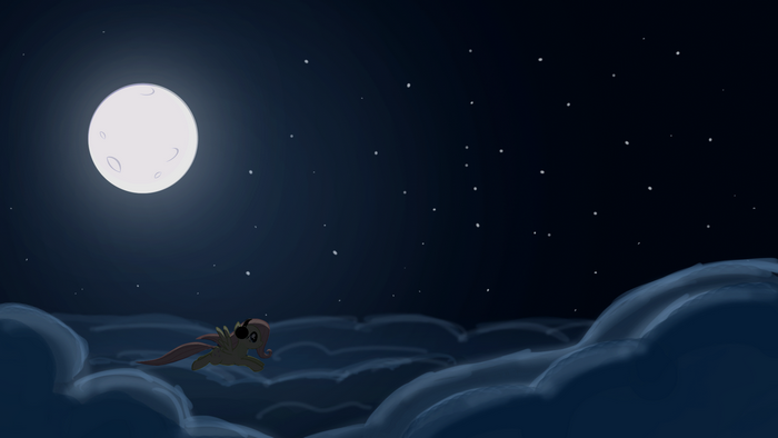 Fluttershy flying through clouds under the moon
