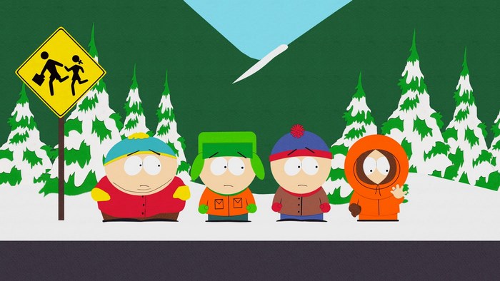 South Park characters at a crosswalk sign