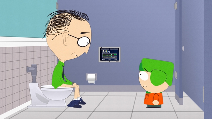 South Park: Mr. Garrison and Kyle in a bathroom stall