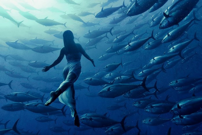 Woman in dress swimming with tuna