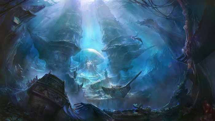 Underwater fantasy scene with sunken ships and a jellyfish-like creature