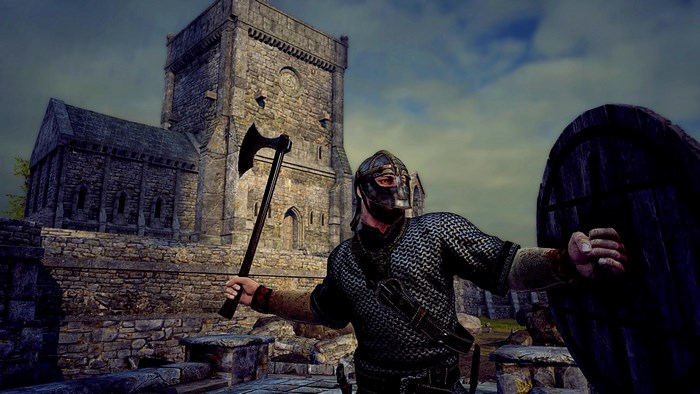 Viking warrior with axe and shield near stone building