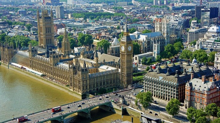 Aerial view of the Houses of Parliament and Big Ben in London