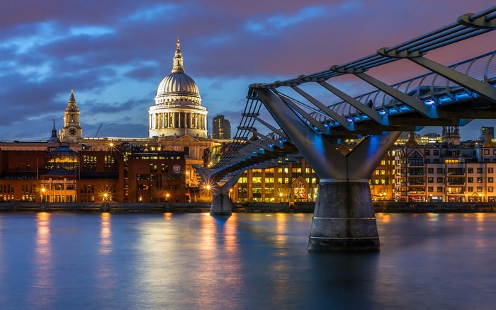Millennium Bridge and St Paul's Cathedral, London at Dusk