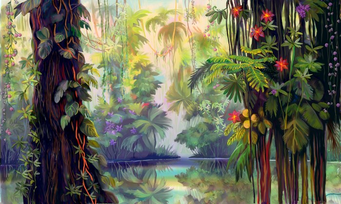 Jungle scene with river and trees