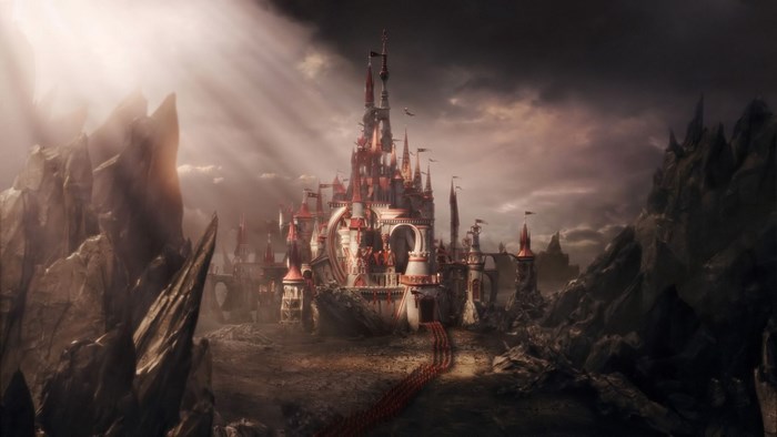 Red and white castle in a rocky landscape