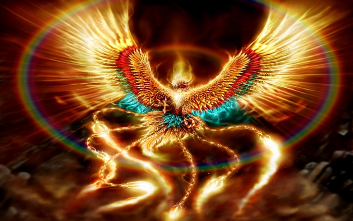 A fiery phoenix with rainbow aura