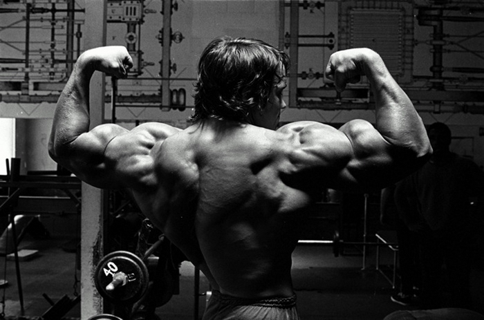 Arnold Schwarzenegger flexing in a gym