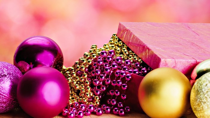 Christmas Ornaments and Beads in a Pink Box