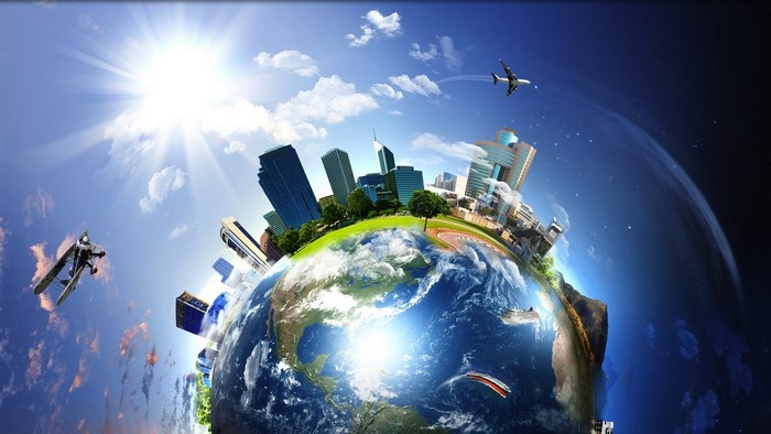 Vibrant Earth with Cityscape and Airplanes