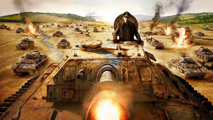 German tanks in battle with explosions