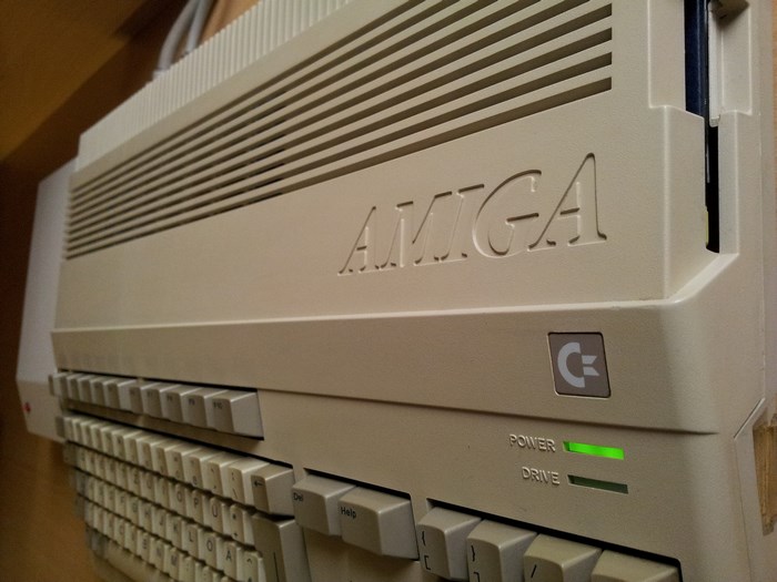 Commodore Amiga computer with keyboard and lights